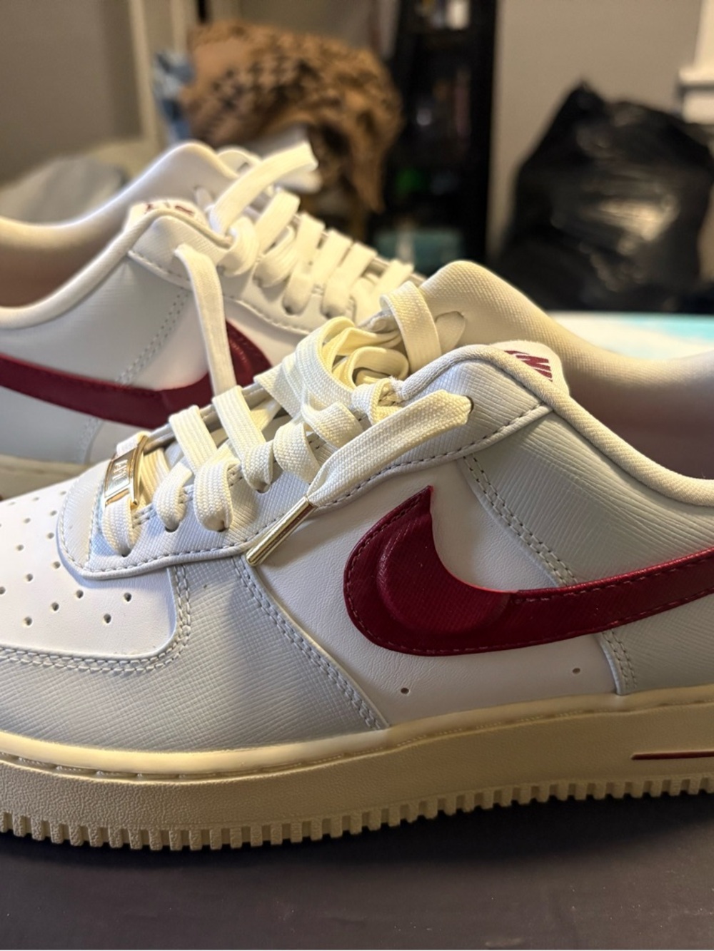 Nike White and Burgundy Air Force One Low-Top Sneakers